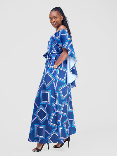 Vivo Amai Off - Shoulder Maxi Dress - Navy / Blue Biya Print - Shopzetu