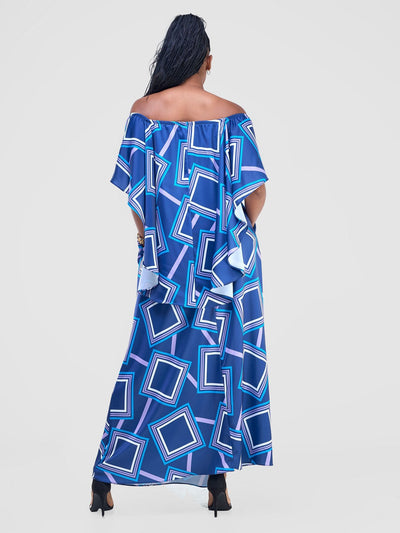 Vivo Amai Off - Shoulder Maxi Dress - Navy / Blue Biya Print - Shopzetu