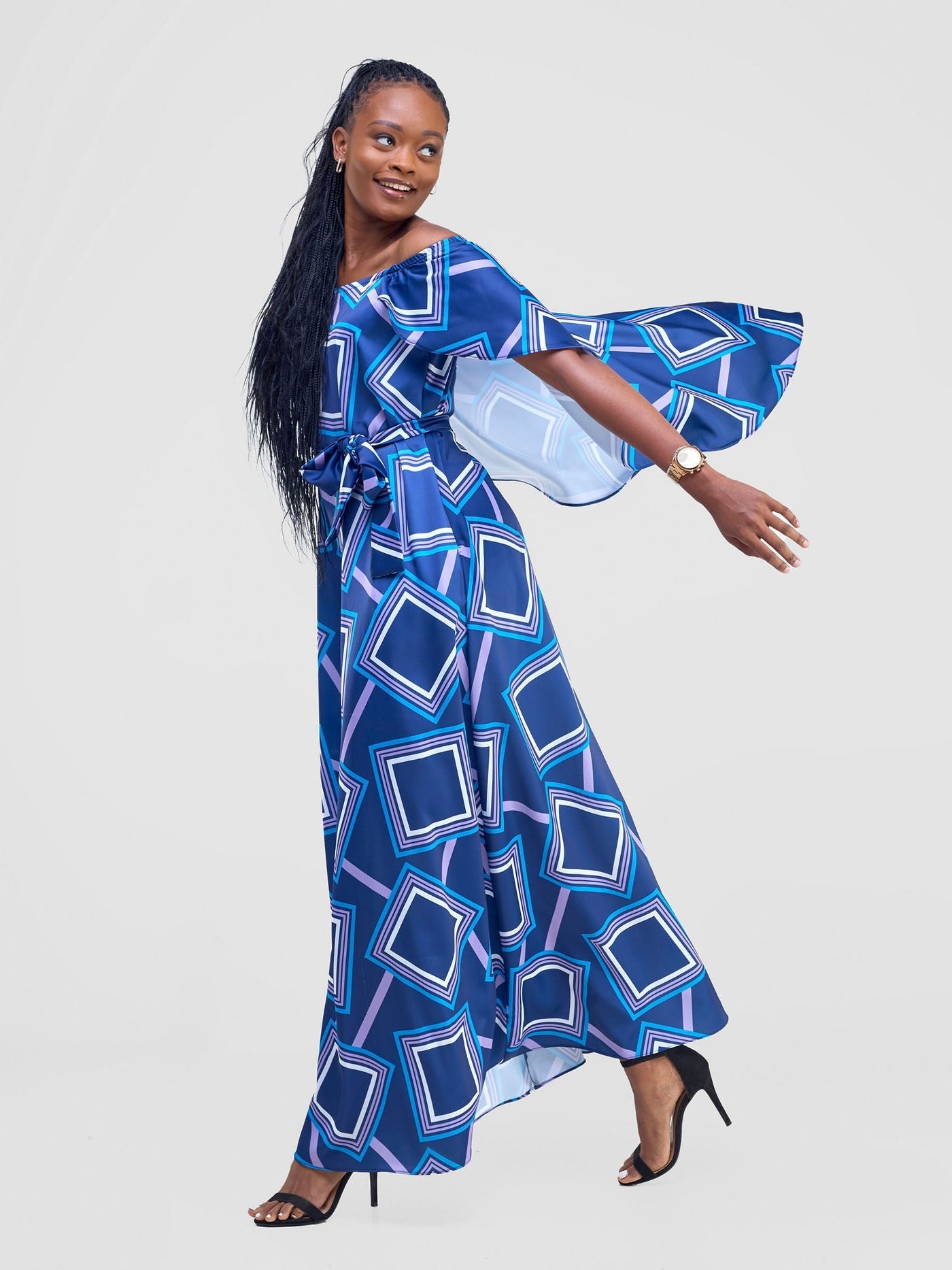 Vivo Amai Off - Shoulder Maxi Dress - Navy / Blue Biya Print - Shopzetu