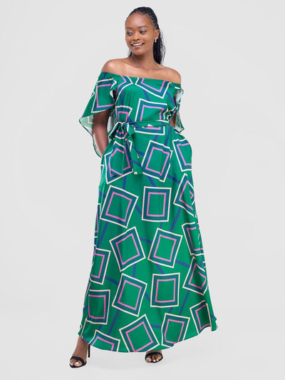 Vivo Amai Off - Shoulder Maxi Dress - Green / Navy Biya Print - Shopzetu