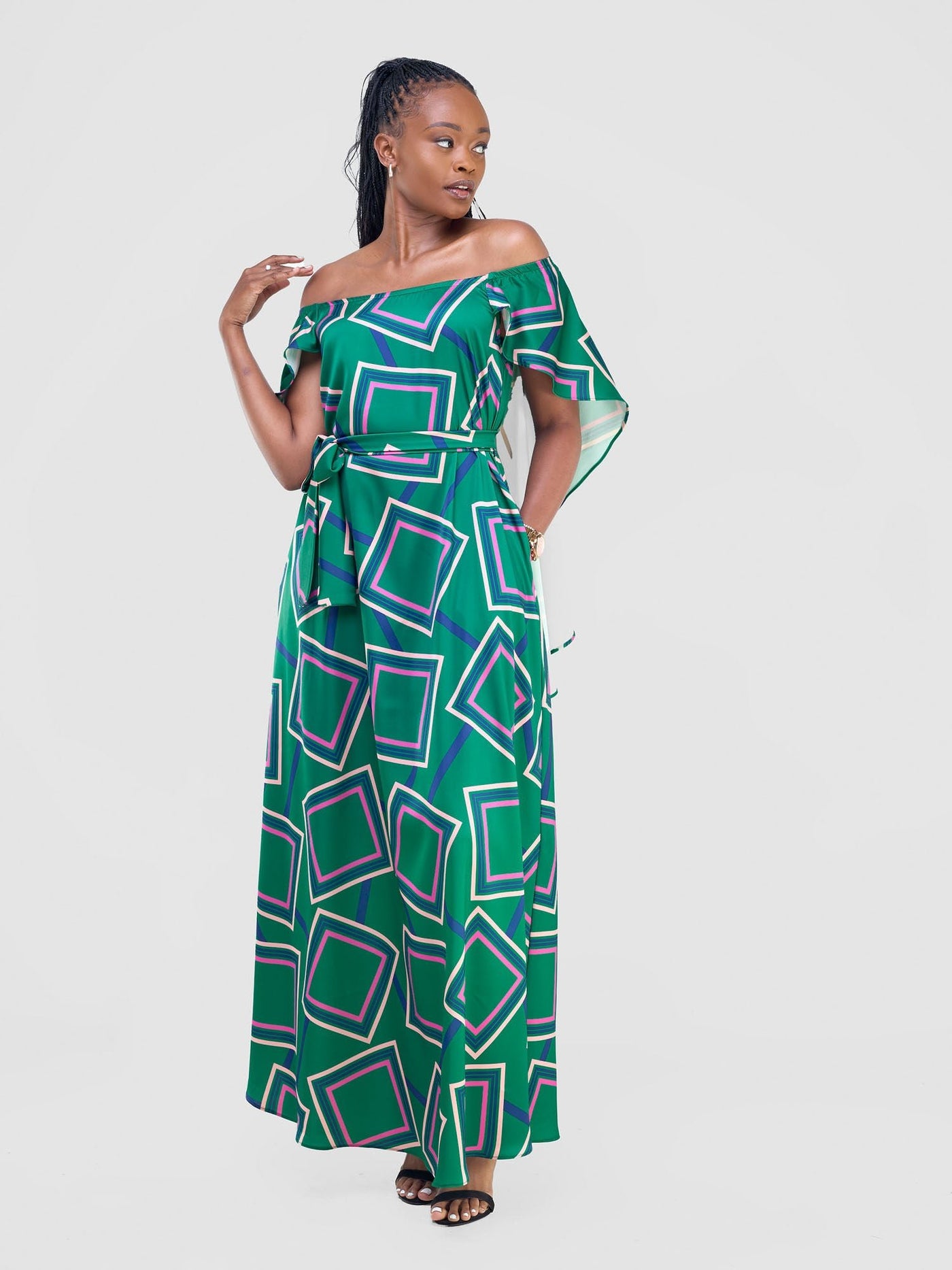 Vivo Amai Off - Shoulder Maxi Dress - Green / Navy Biya Print - Shopzetu