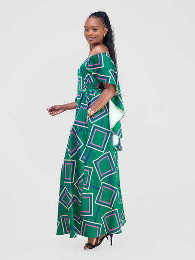 Vivo Amai Off - Shoulder Maxi Dress - Green / Navy Biya Print - Shopzetu