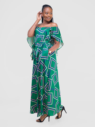 Vivo Amai Off - Shoulder Maxi Dress - Green / Navy Biya Print - Shopzetu