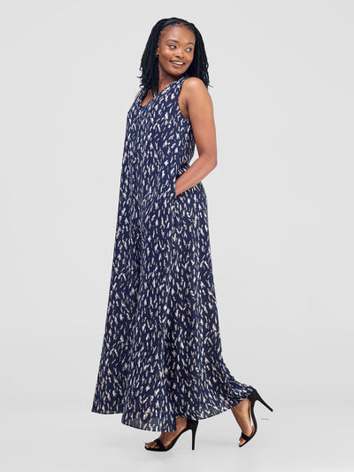 Vivo Ava Front Pleat Maxi Dress - Navy / Off-white Print