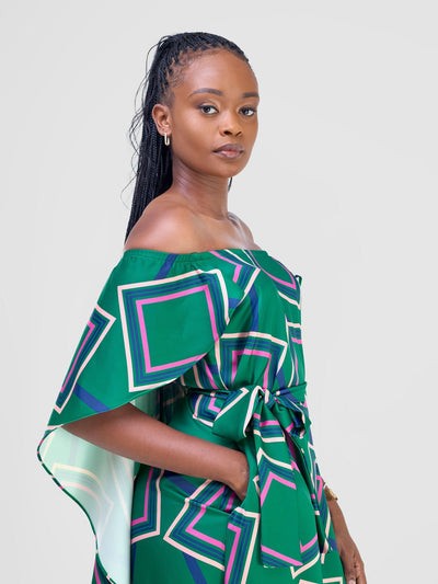 Vivo Amai Off - Shoulder Maxi Dress - Green / Navy Biya Print - Shopzetu