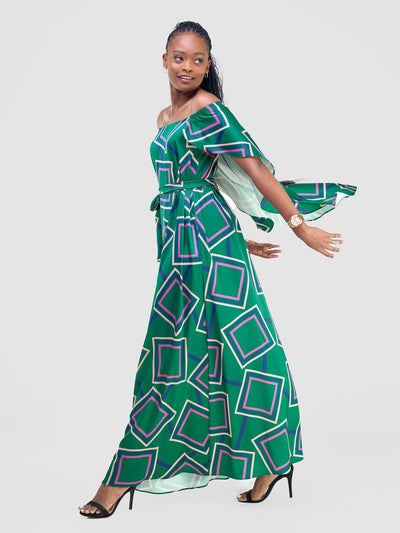 Vivo Amai Off - Shoulder Maxi Dress - Green / Navy Biya Print - Shopzetu