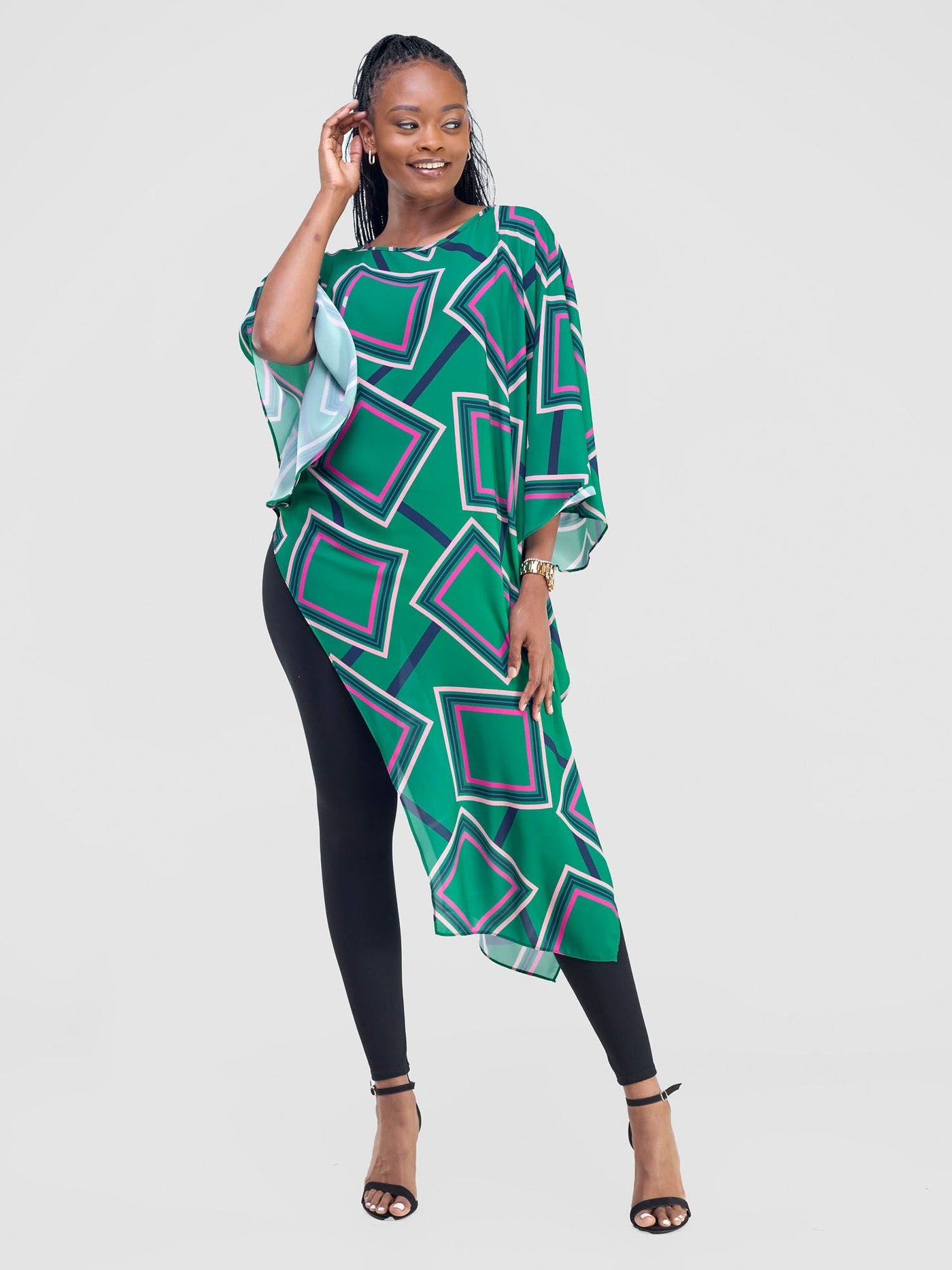 Vivo Amai Asymmetrical Cape - Green / Navy Biya Print - Shopzetu