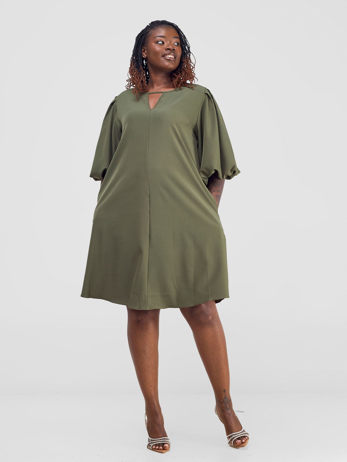 Esna Puff Sleeve Tent Dress - Army Green