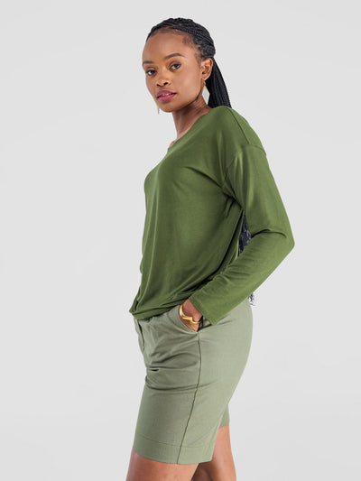 Safari Bush Drop Shoulder Long Sleeve Top - Hunters Green