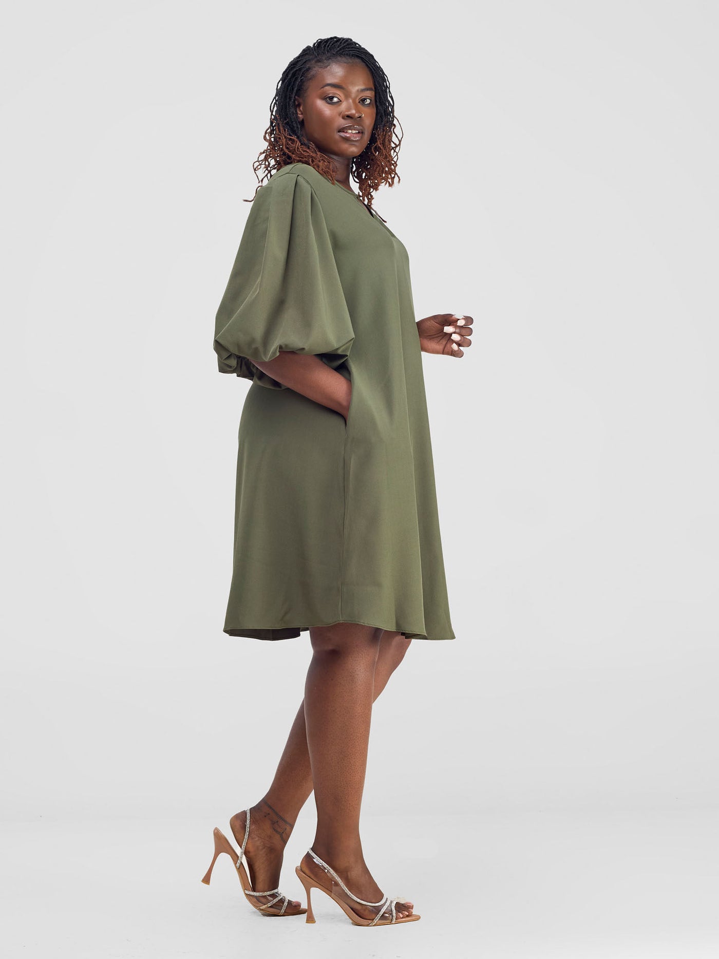 Esna Puff Sleeve Tent Dress - Army Green