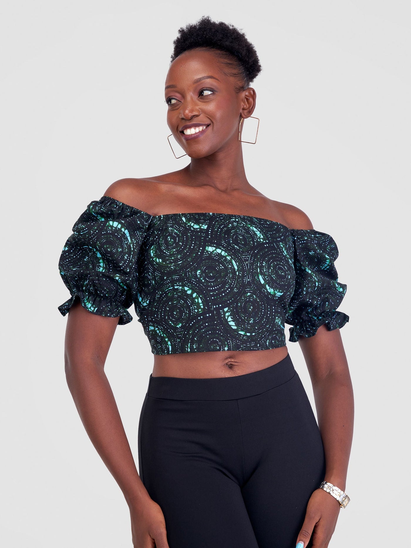 Anga Puffy Short Sleeve Tie Top - Dark Green Print