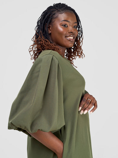 Esna Puff Sleeve Tent Dress - Army Green