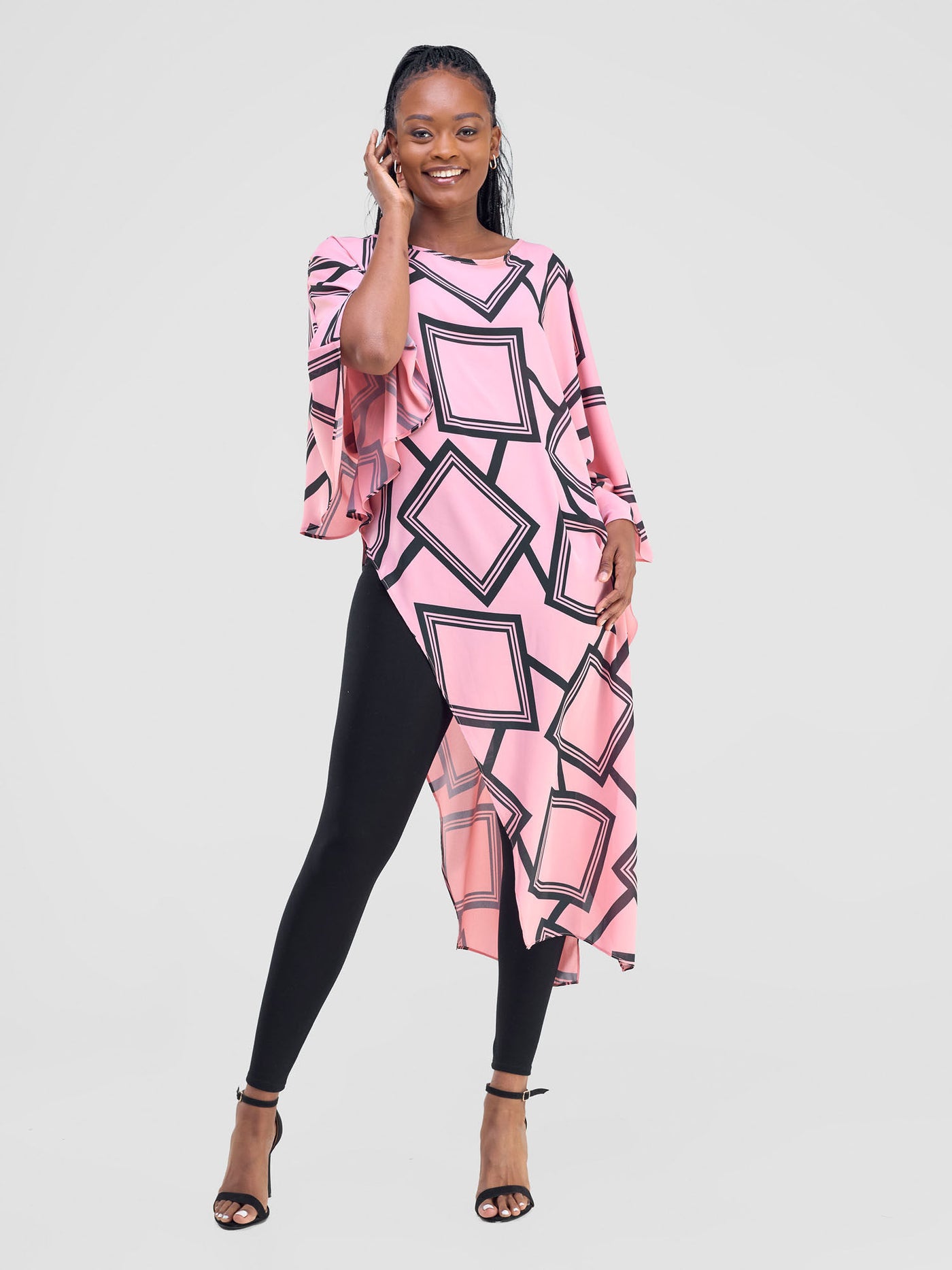 Amai Asymmetrical Cape - Pink / Black Biya Print