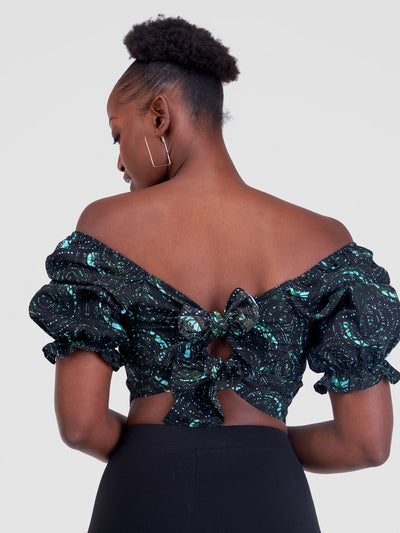 Anga Puffy Short Sleeve Tie Top - Dark Green Print