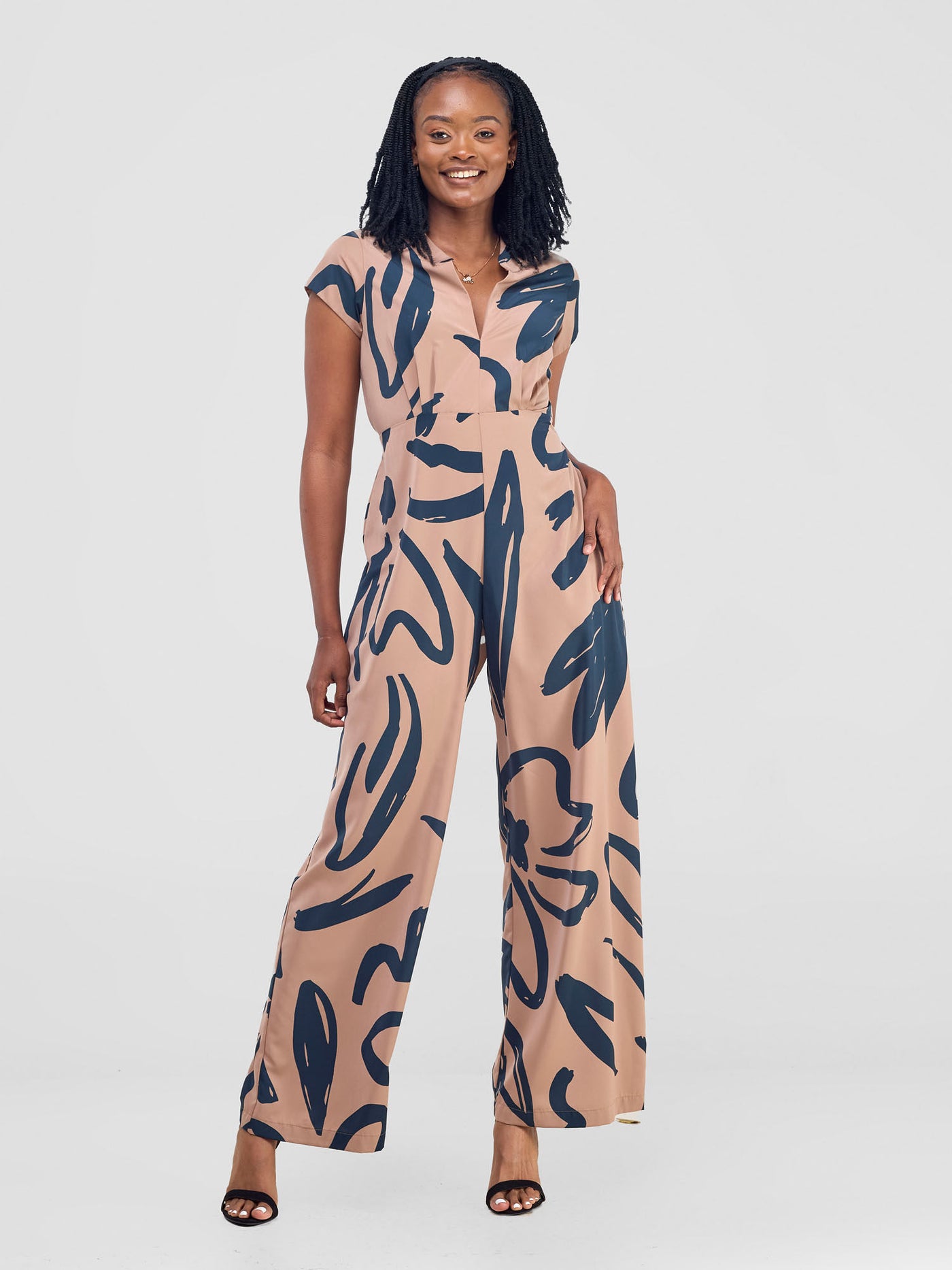 Vivo Chesi V - neck Jumpsuit - Biscuit / Black Hesi Print - Shopzetu