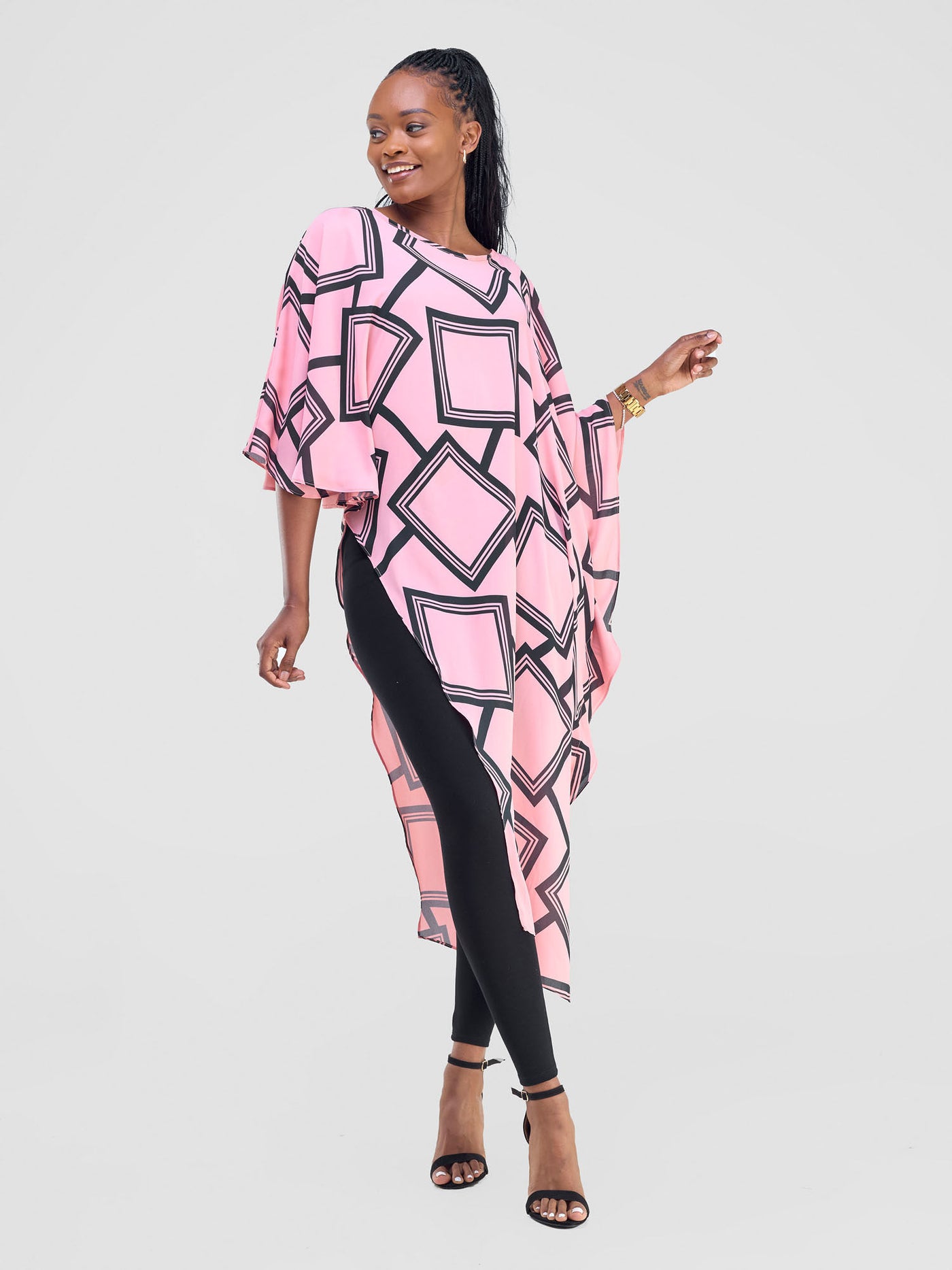 Amai Asymmetrical Cape - Pink / Black Biya Print