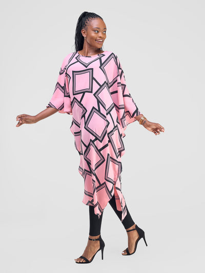 Amai Asymmetrical Cape - Pink / Black Biya Print