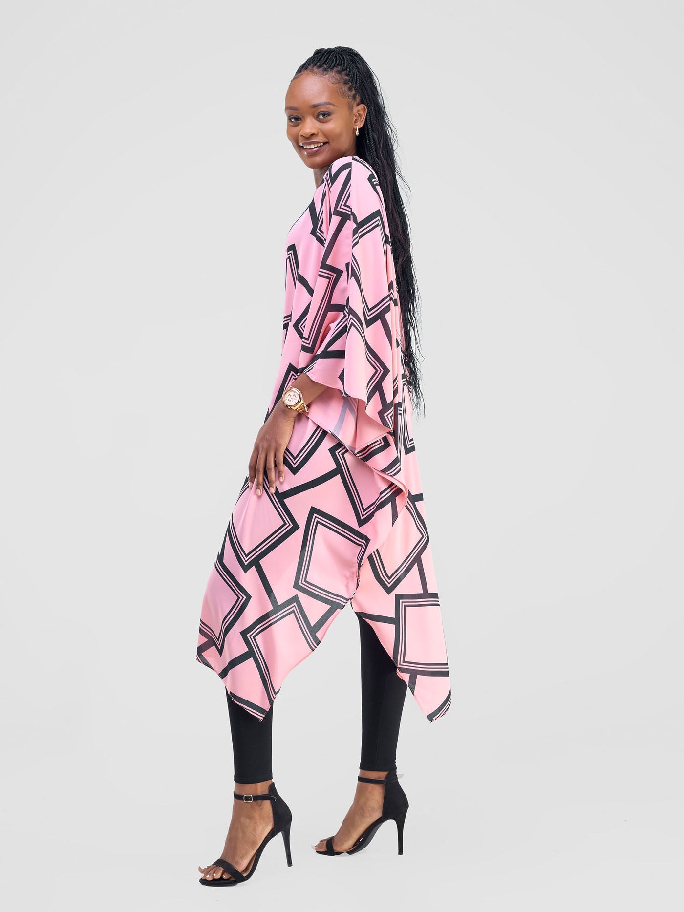 Amai Asymmetrical Cape - Pink / Black Biya Print