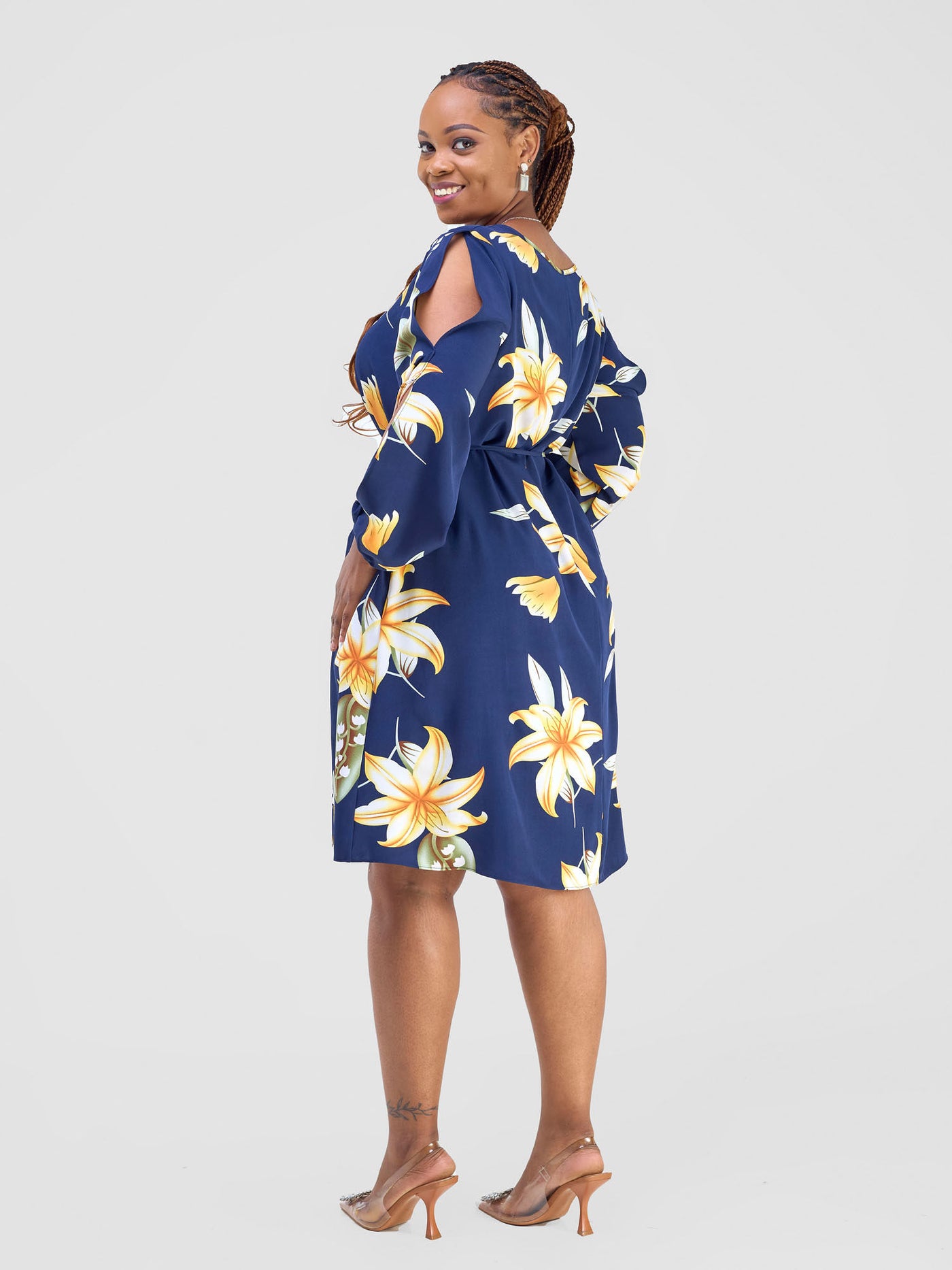 Vivo Tunu Long Slit Sleeve Knee Length Shift Dress - Dark Navy / Yellow Aber Print - Shopzetu