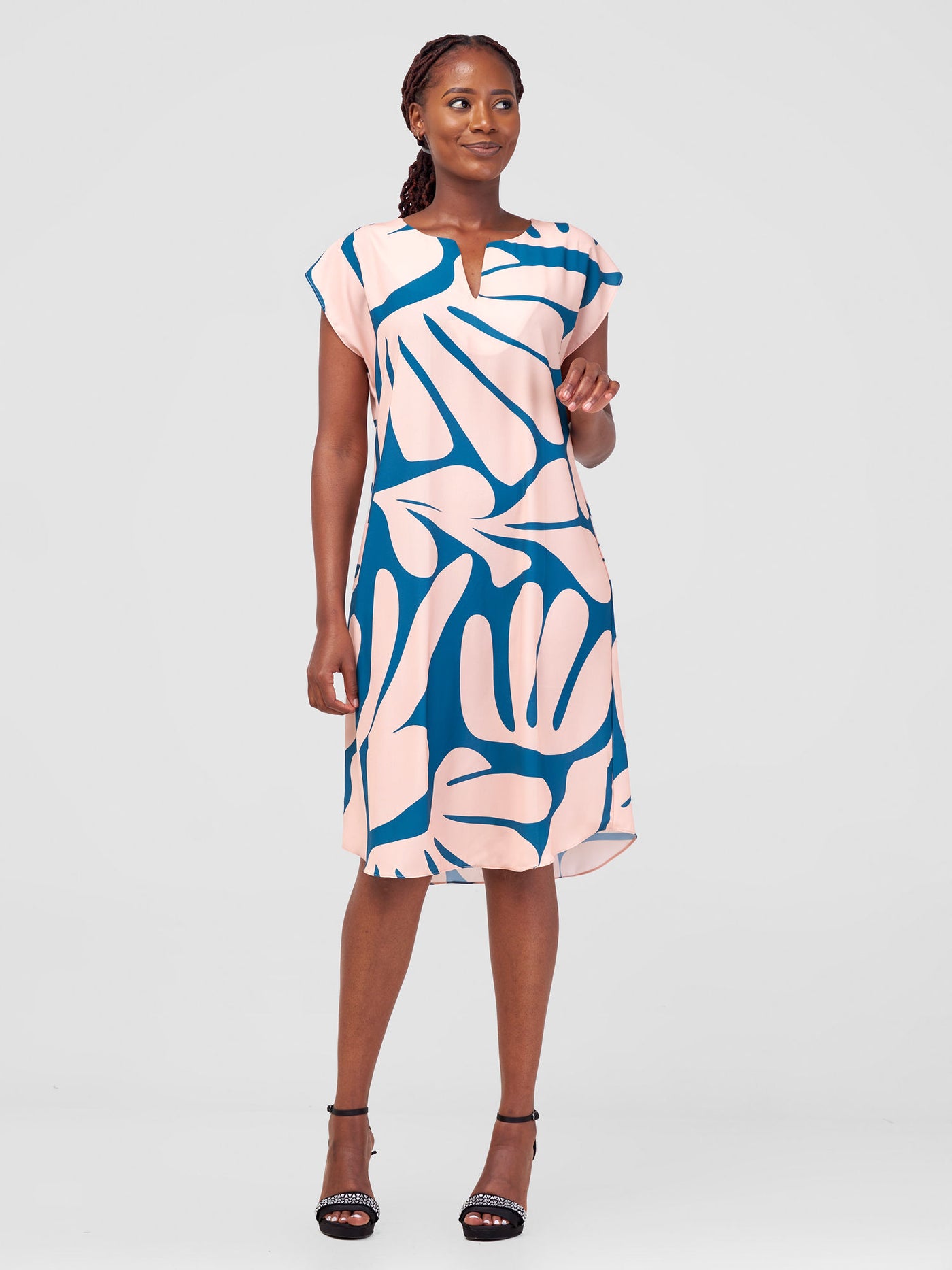 Vivo Zola Drop Shoulder Knee Length Dress - Teal / Peach Amari  Print