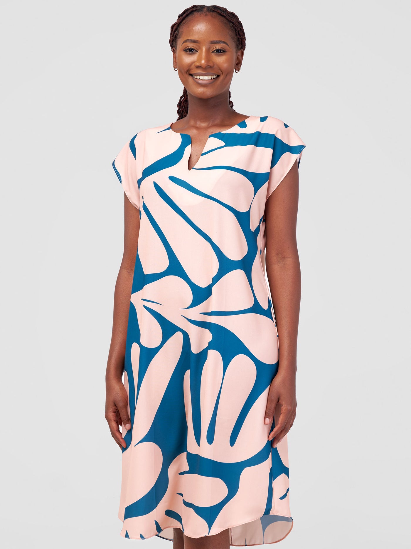 Vivo Zola Drop Shoulder Knee Length Dress - Teal / Peach Amari  Print