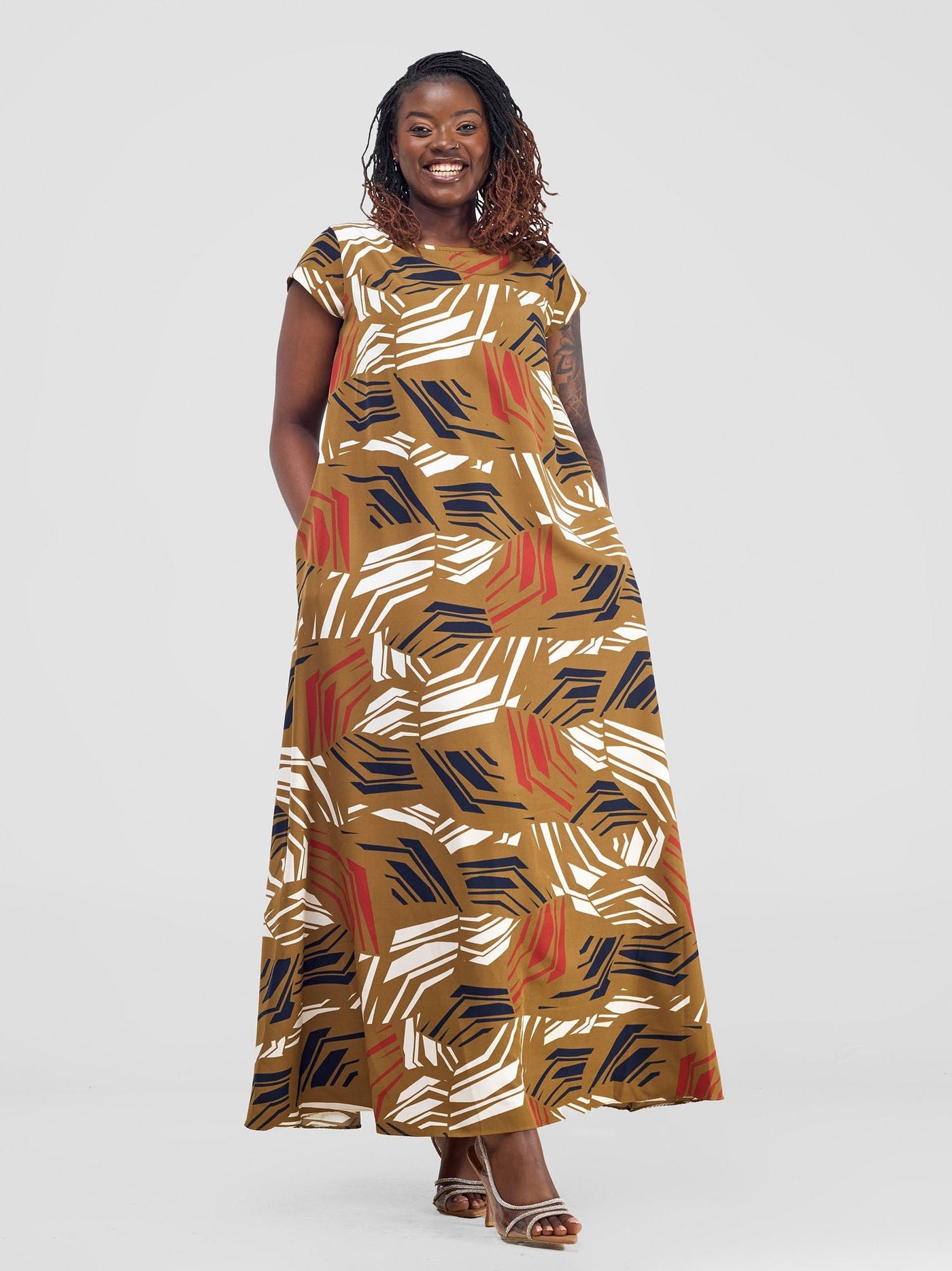 Vivo Basic Cap Sleeve Maxi Tent Dress - Brown / Red Print - Shopzetu