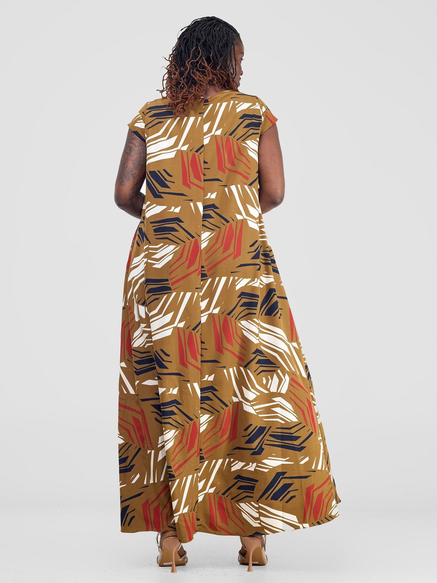 Vivo Basic Cap Sleeve Maxi Tent Dress - Brown / Red Print - Shopzetu