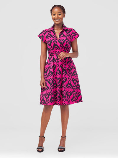 Vivo Zuri Cap Sleeve Knee Length Dress - Pink Ikat Print - Shopzetu