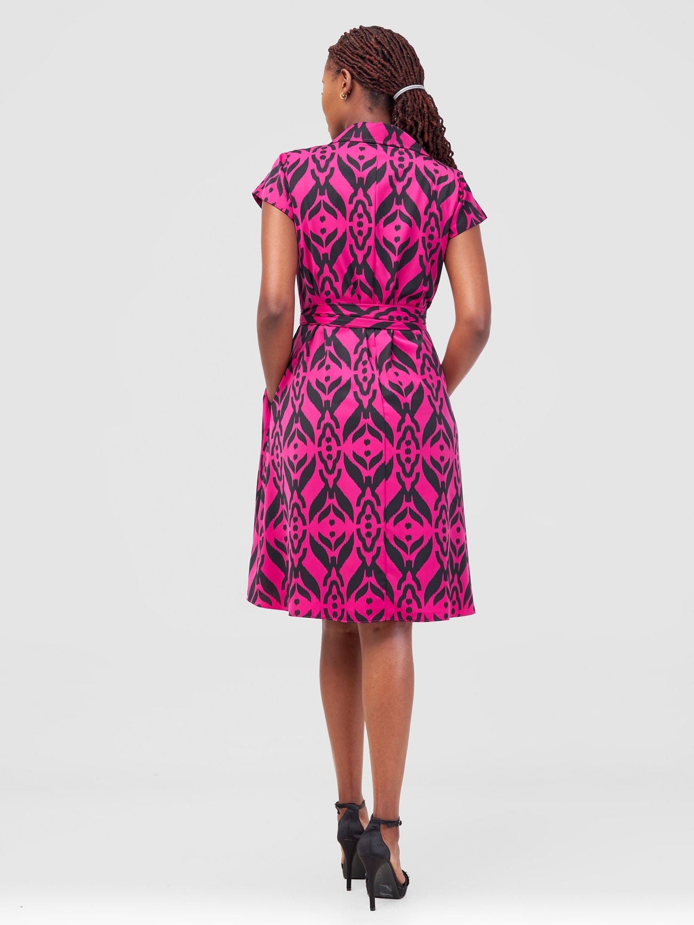 Vivo Zuri Cap Sleeve Knee Length Dress - Pink Ikat Print - Shopzetu