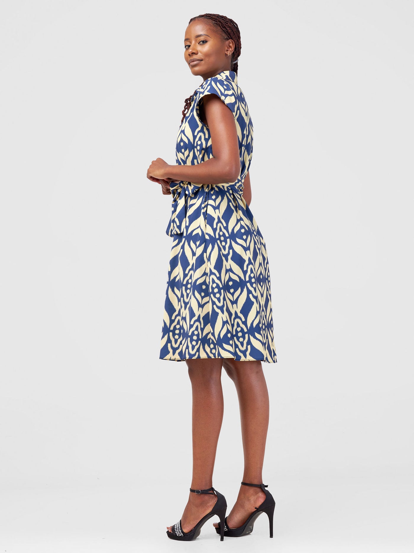 Vivo Zuri Cap Sleeve Knee Length Dress - Navy Ikat Print - Shopzetu