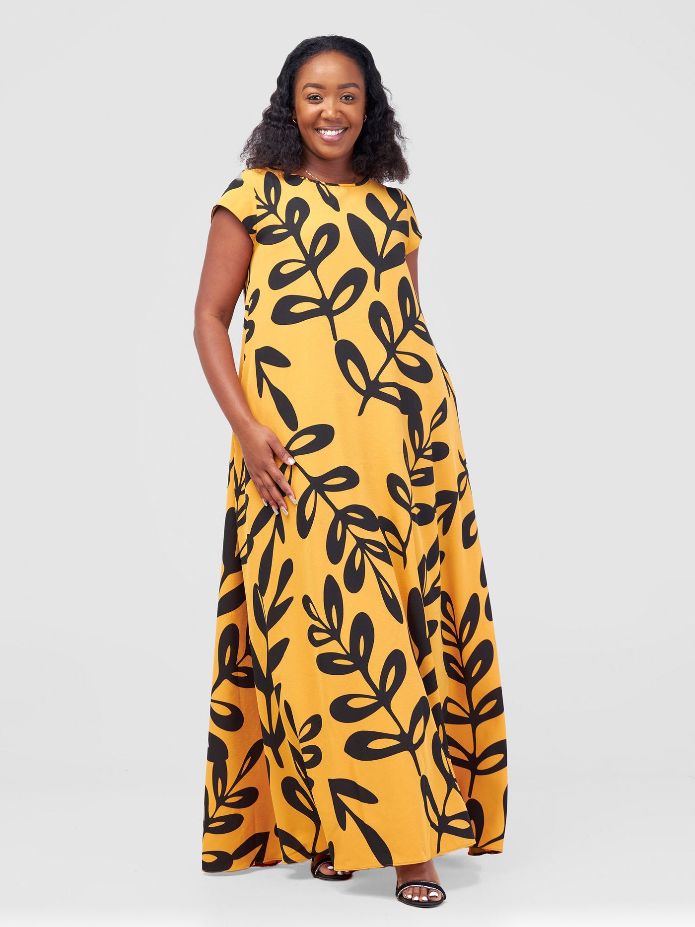 Vivo Basic Cap Sleeve Maxi Tent Dress - Mustard Jilo Print