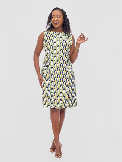 Vivo Mandla Side Flap A - Line Dress - Green / Mustard Manla Print - Shopzetu