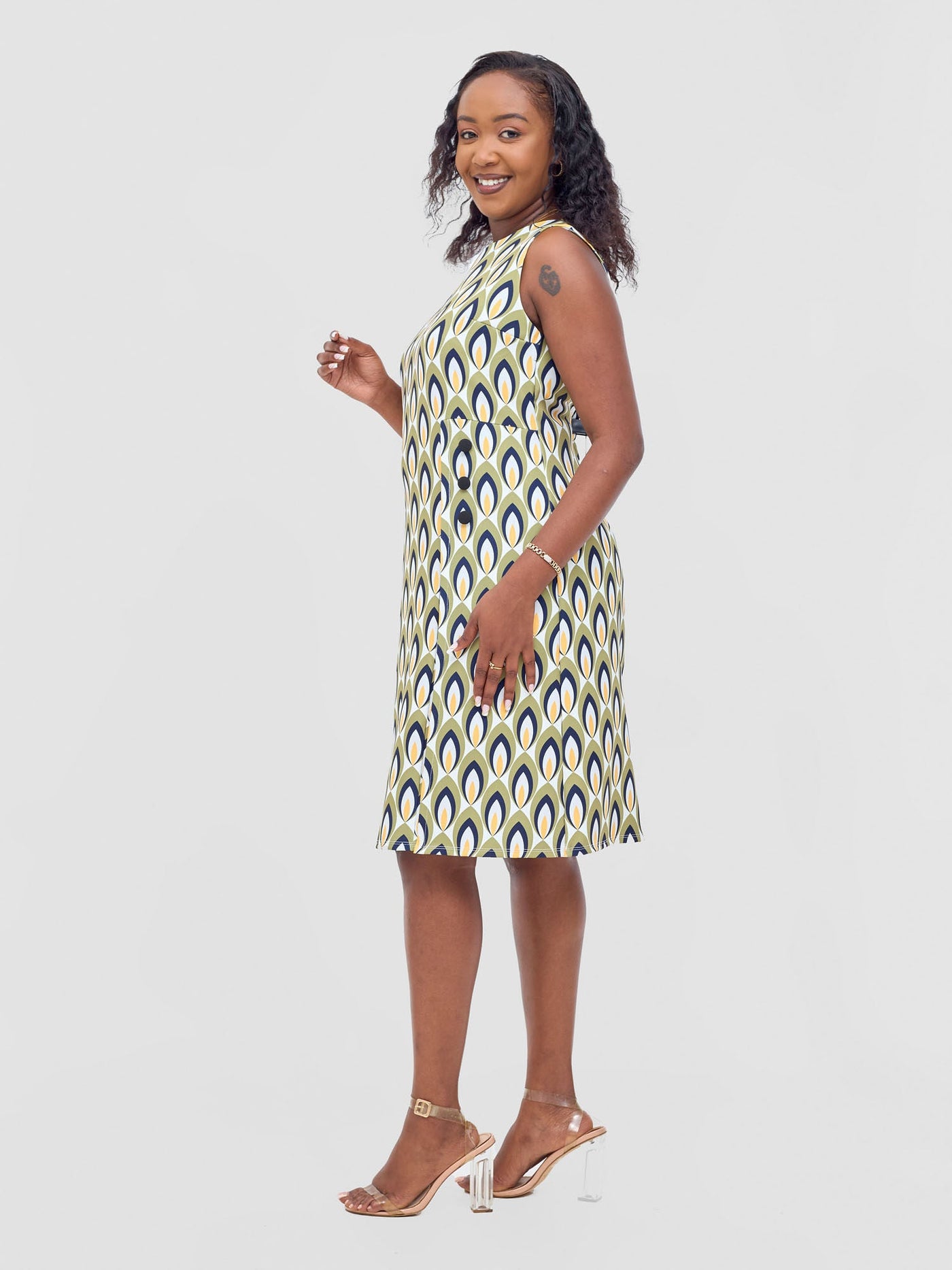 Vivo Mandla Side Flap A - Line Dress - Green / Mustard Manla Print - Shopzetu