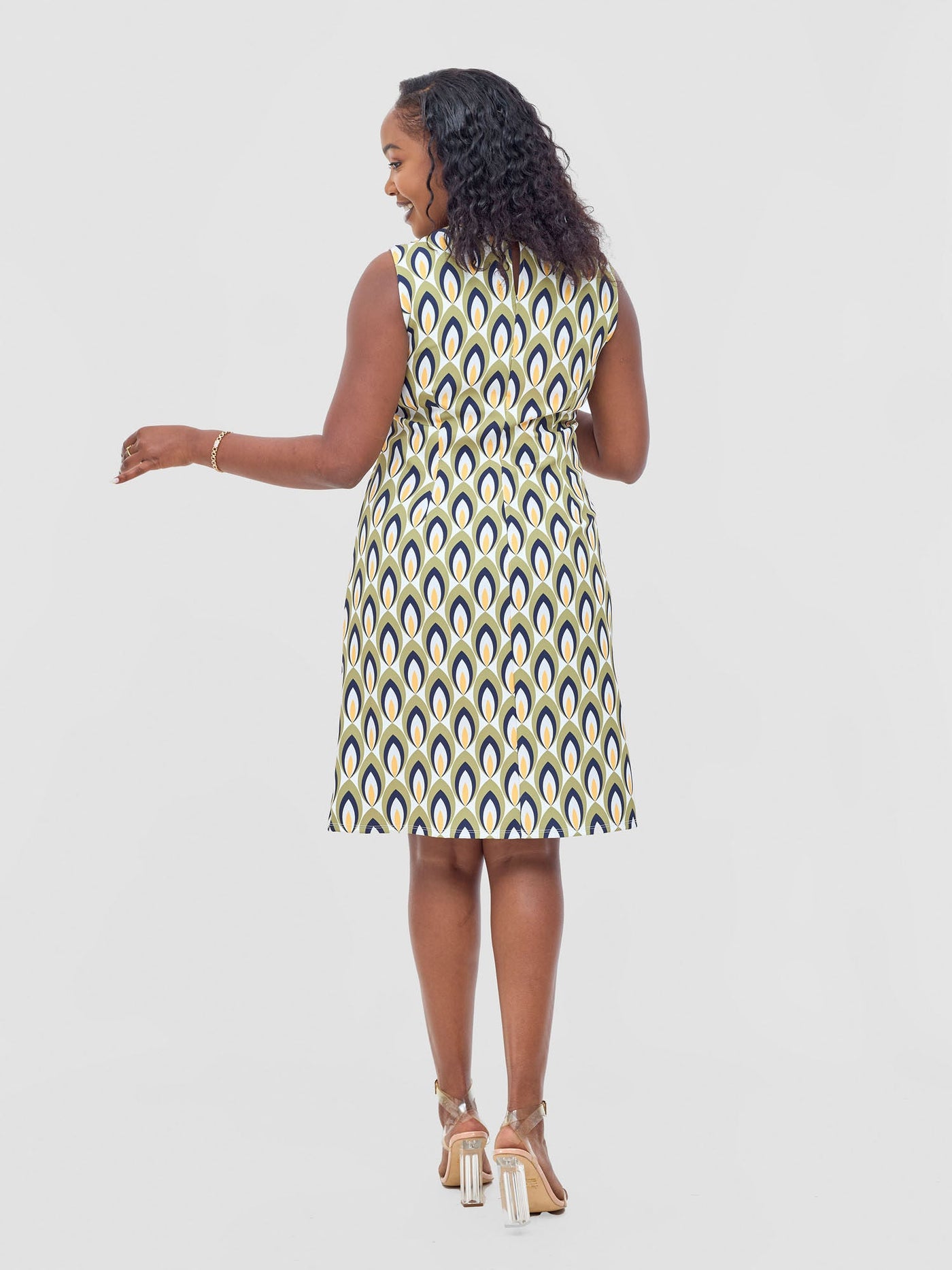 Vivo Mandla Side Flap A - Line Dress - Green / Mustard Manla Print - Shopzetu