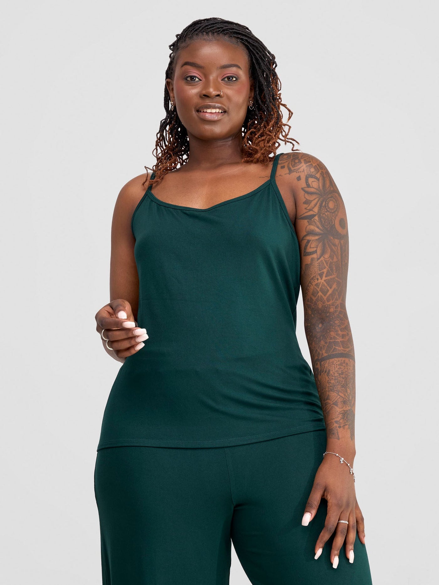 Safari Spaghetti Tank Top - Dark Green - Shopzetu