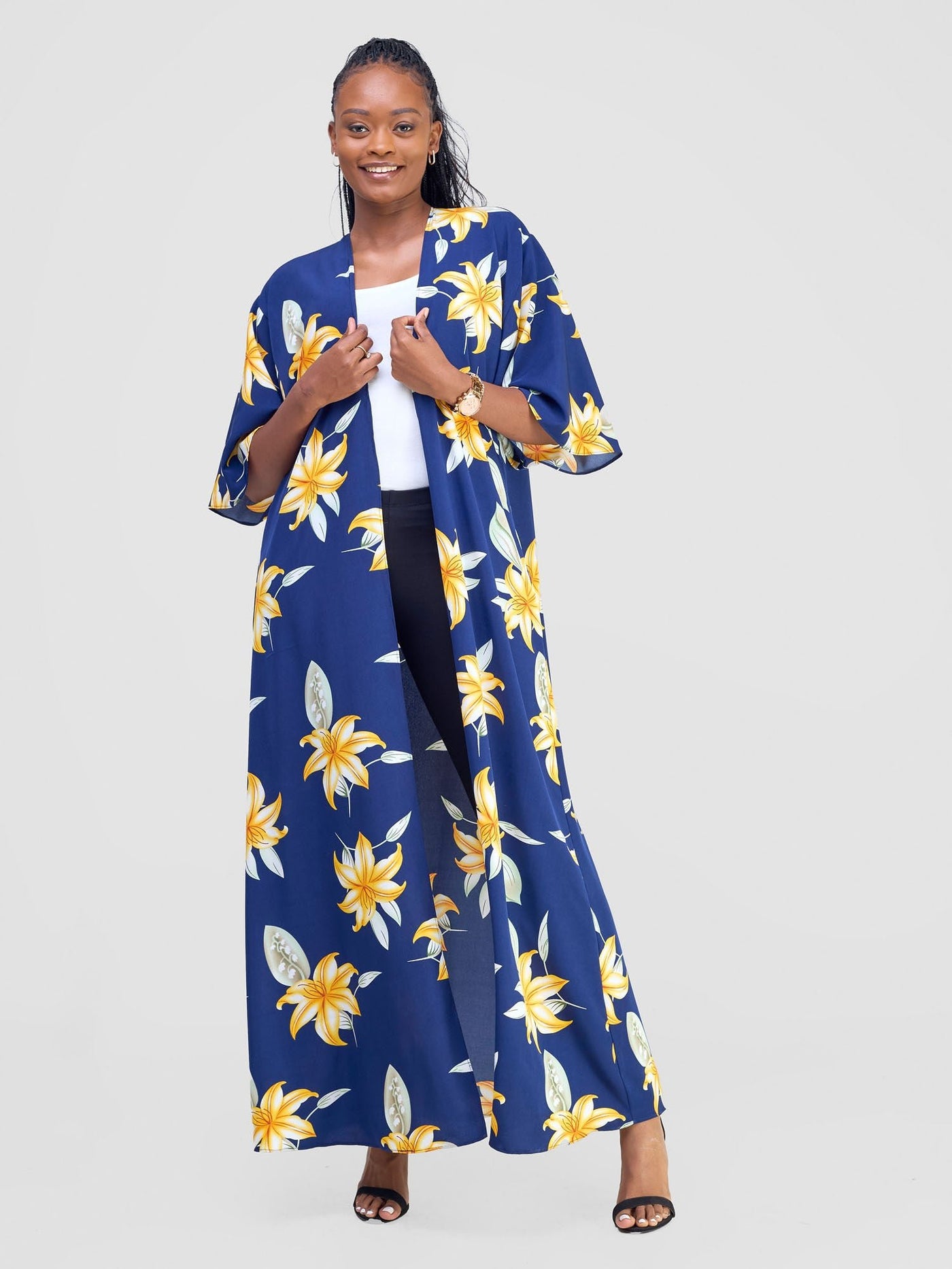 Vivo Alek 3/4 Sleeve A - Line Kimono - Navy / Orange Aber Print - Shopzetu