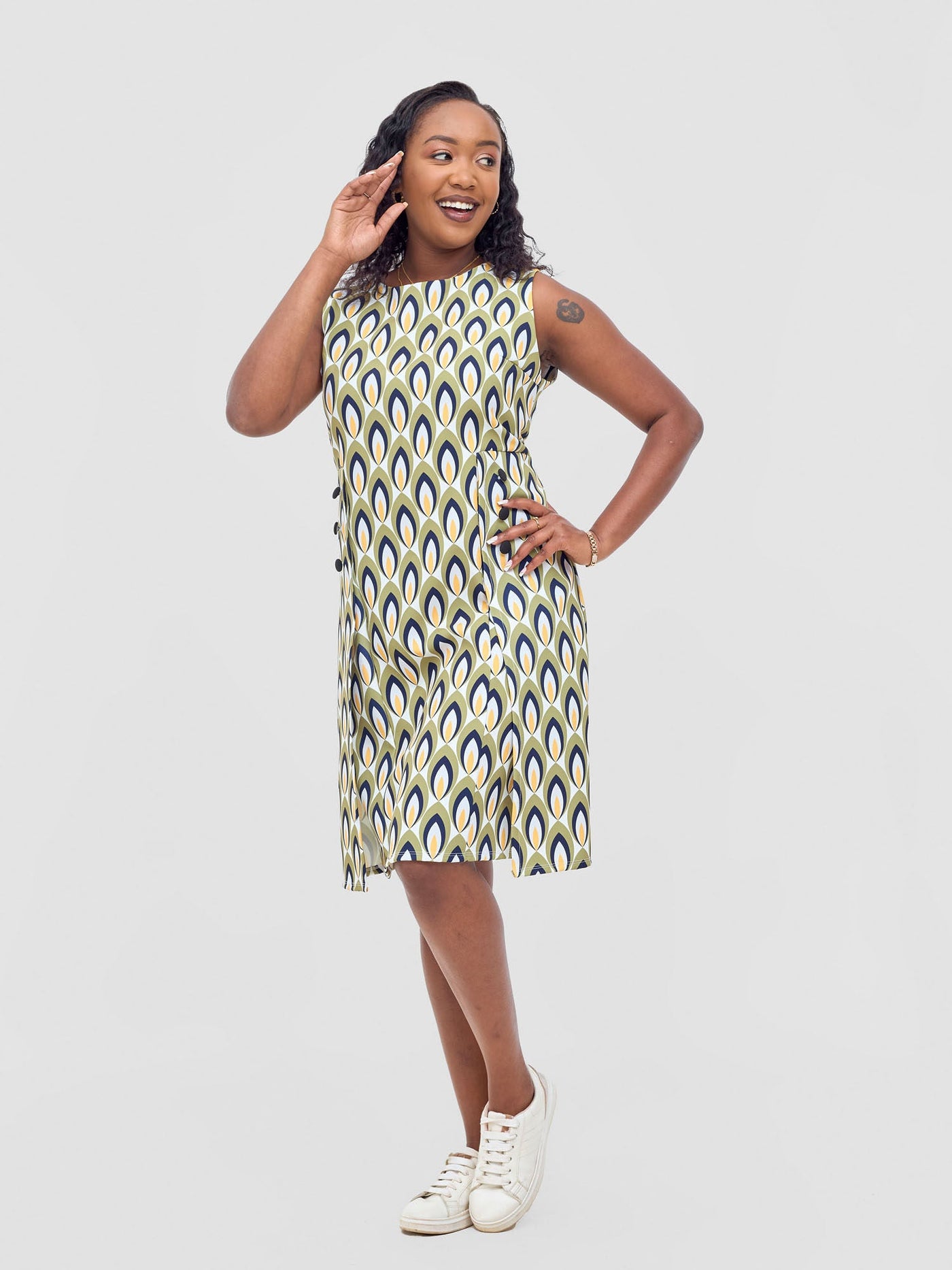 Vivo Mandla Side Flap A - Line Dress - Green / Mustard Manla Print - Shopzetu