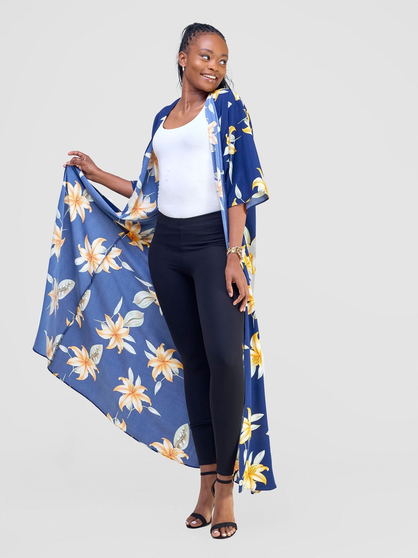 Vivo Alek 3/4 Sleeve A - Line Kimono - Navy / Orange Aber Print - Shopzetu