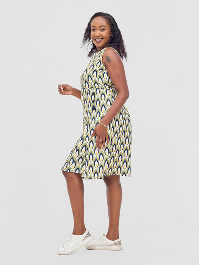 Vivo Mandla Side Flap A - Line Dress - Green / Mustard Manla Print - Shopzetu