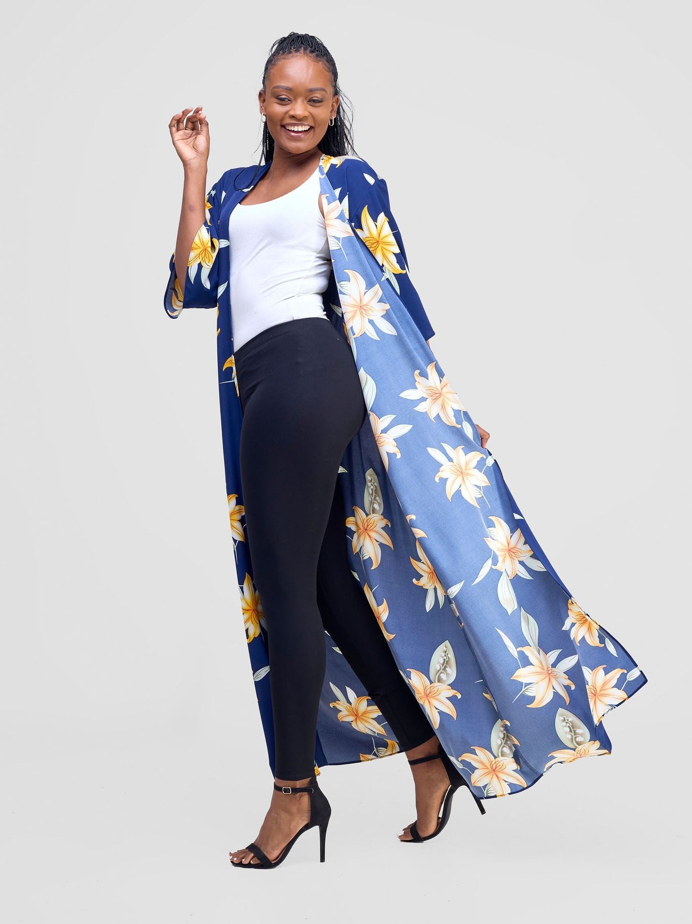 Vivo Alek 3/4 Sleeve A - Line Kimono - Navy / Orange Aber Print - Shopzetu