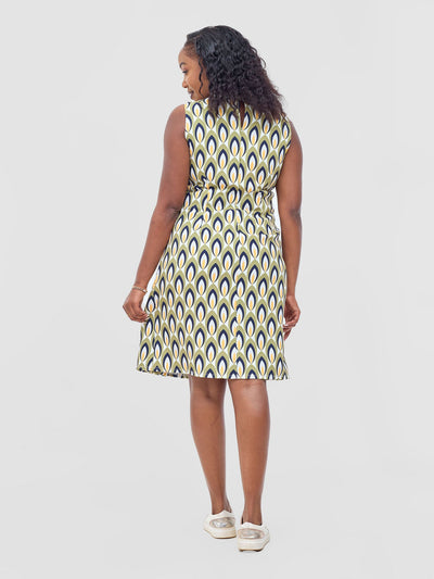 Vivo Mandla Side Flap A - Line Dress - Green / Mustard Manla Print - Shopzetu