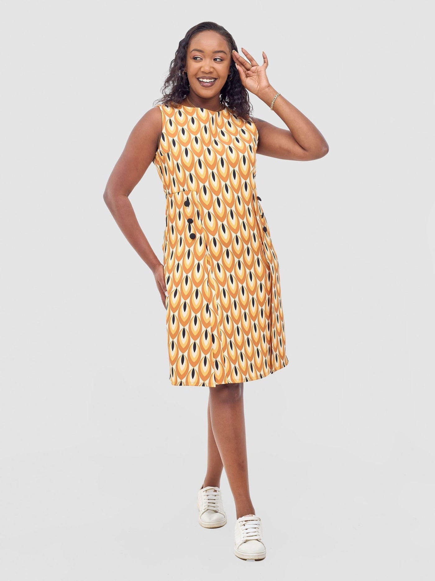 Vivo Mandla Side Flap A - Line Dress - Beige / Rust Manla Print - Shopzetu