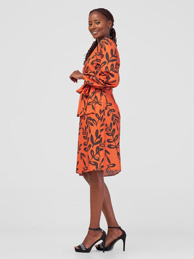 Vivo Laika Bishop Sleeve Shift Dress - Orange Jilo Print