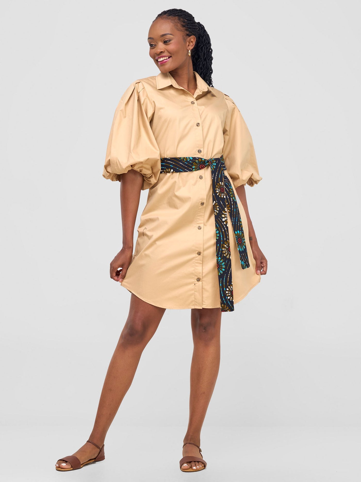 Mali Bishop Sleeve Shirt Dress - Khaki