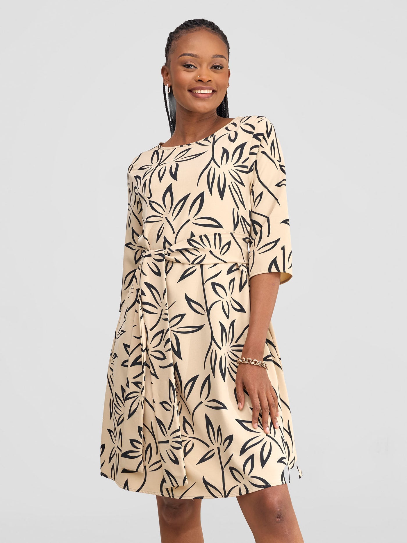 Laika 3/4 Sleeve Tent Dress - Beige / Black Weni Print