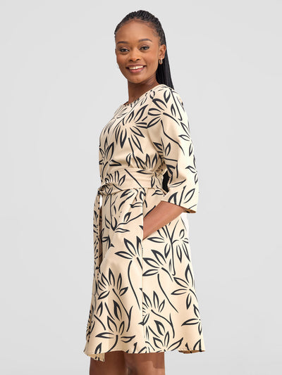 Laika 3/4 Sleeve Tent Dress - Beige / Black Weni Print