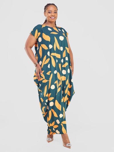 Vivo Fimi Drop Shoulder Maxi Dress - Dark Green / Orange Mbale Print - Shopzetu