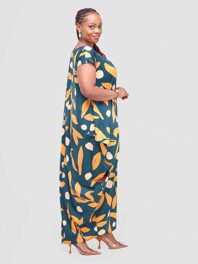 Vivo Fimi Drop Shoulder Maxi Dress - Dark Green / Orange Mbale Print - Shopzetu