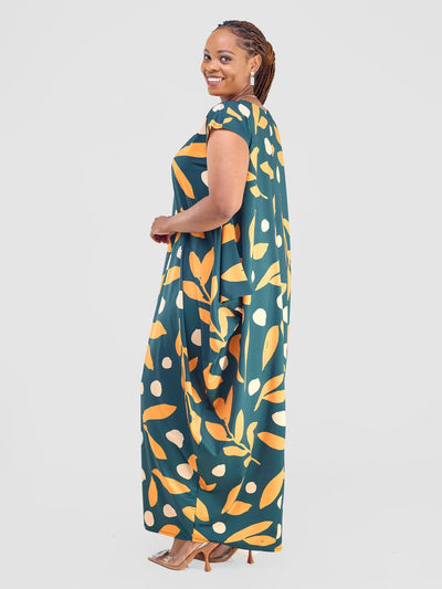 Vivo Fimi Drop Shoulder Maxi Dress - Dark Green / Orange Mbale Print - Shopzetu