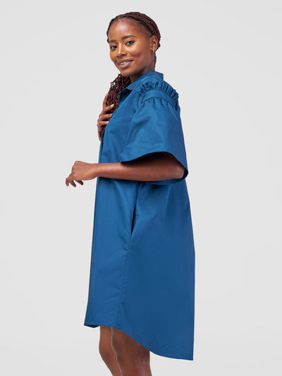 Safari Mali Gathered Flounce Sleeve Shirt Dress - Deep Teal